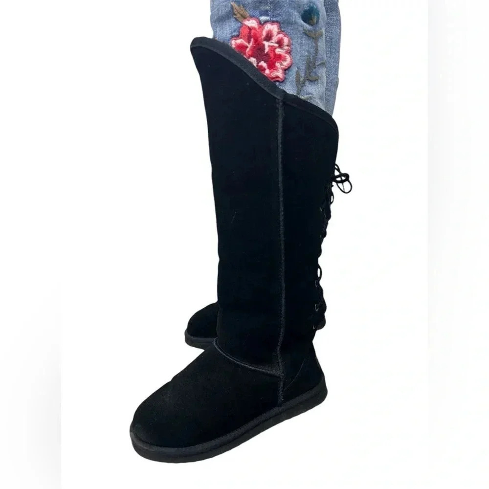 Beach Feet Suede Sherpa Wool Lined Tall Lace Back Black Boots Women Size 6 EUC!!